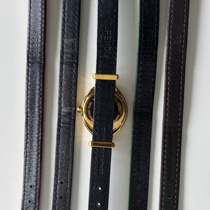 Fendi 1990s Interchangeable Strap Gold Plated Watch with 5 straps, case