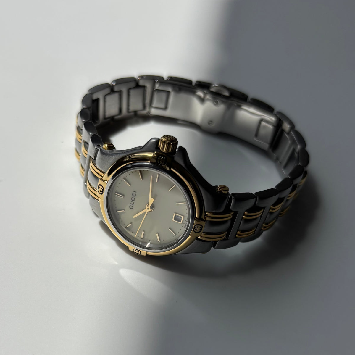 Gucci 1990s Date Round Dial Two Tone Gold Plated Watch