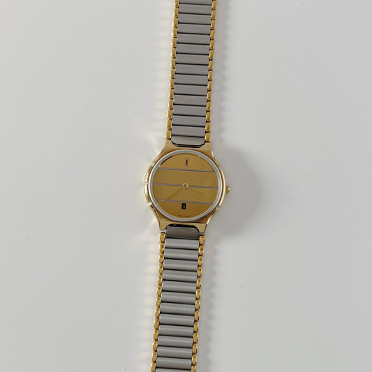 Yves Saint Laurent 1990s Round Dial Two Tone Gold Plated Watch (Large) (8/15)