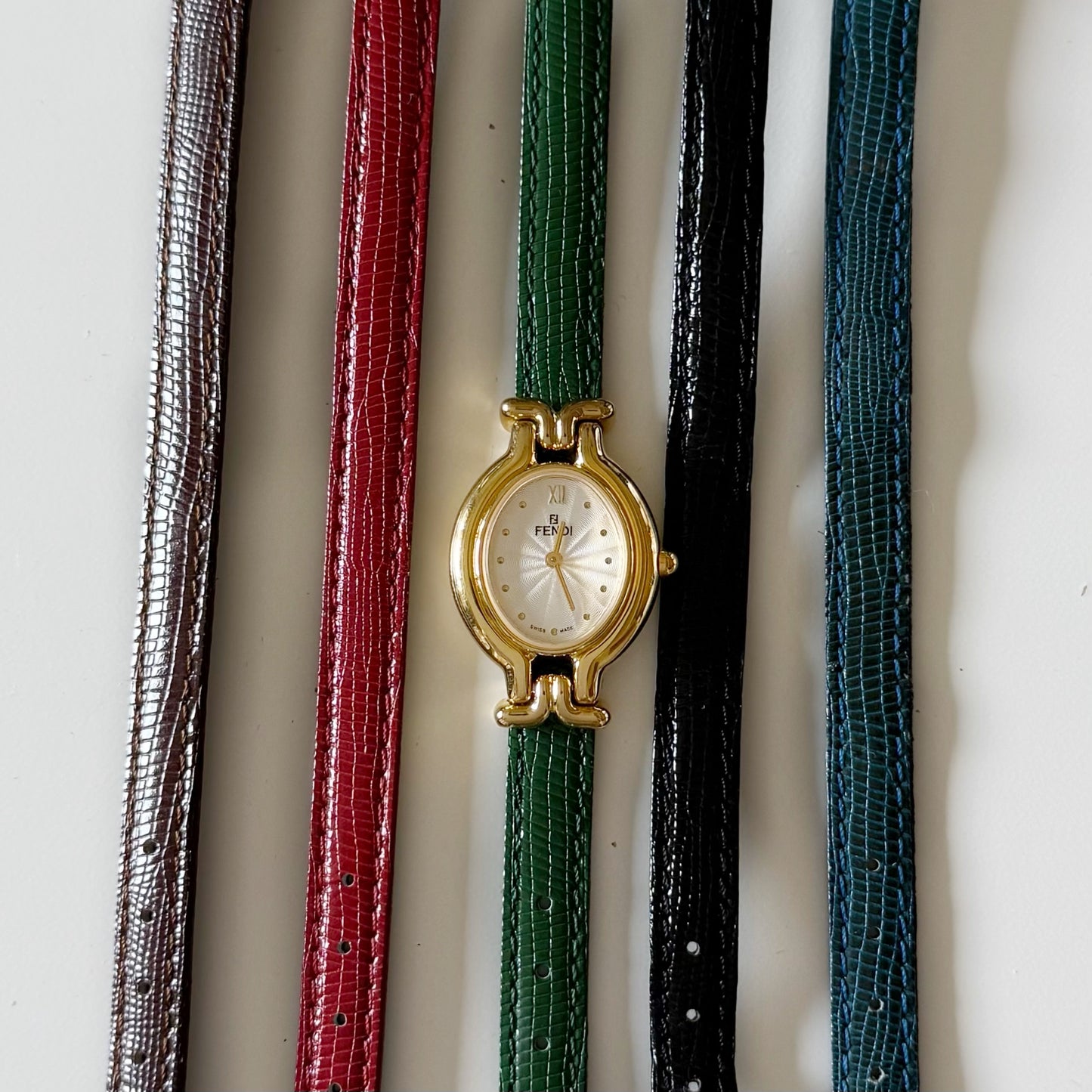 Fendi 1990s Interchangeable Belt Gold Plated Watch with 5 straps, case