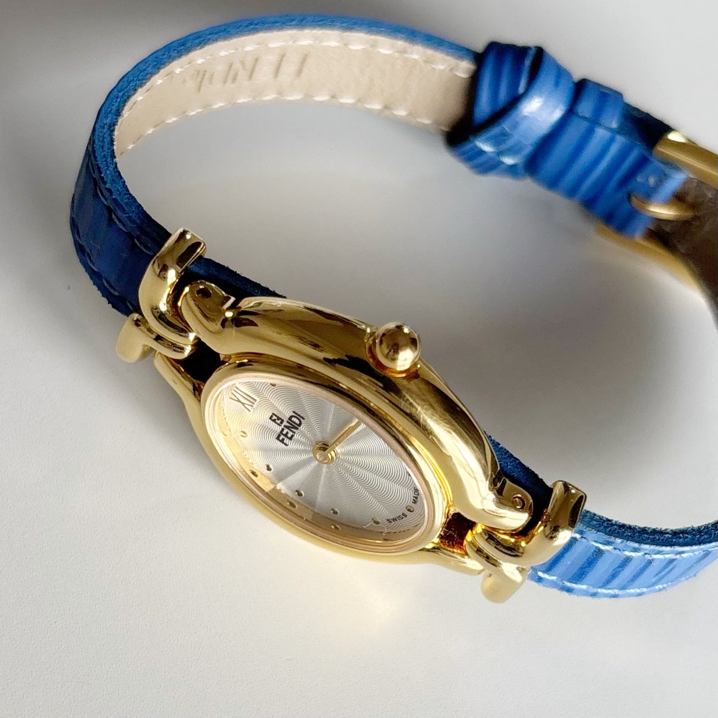 Fendi 1990s Interchangeable Strap Oval Dial Gold Plated Watch with 5 straps, case