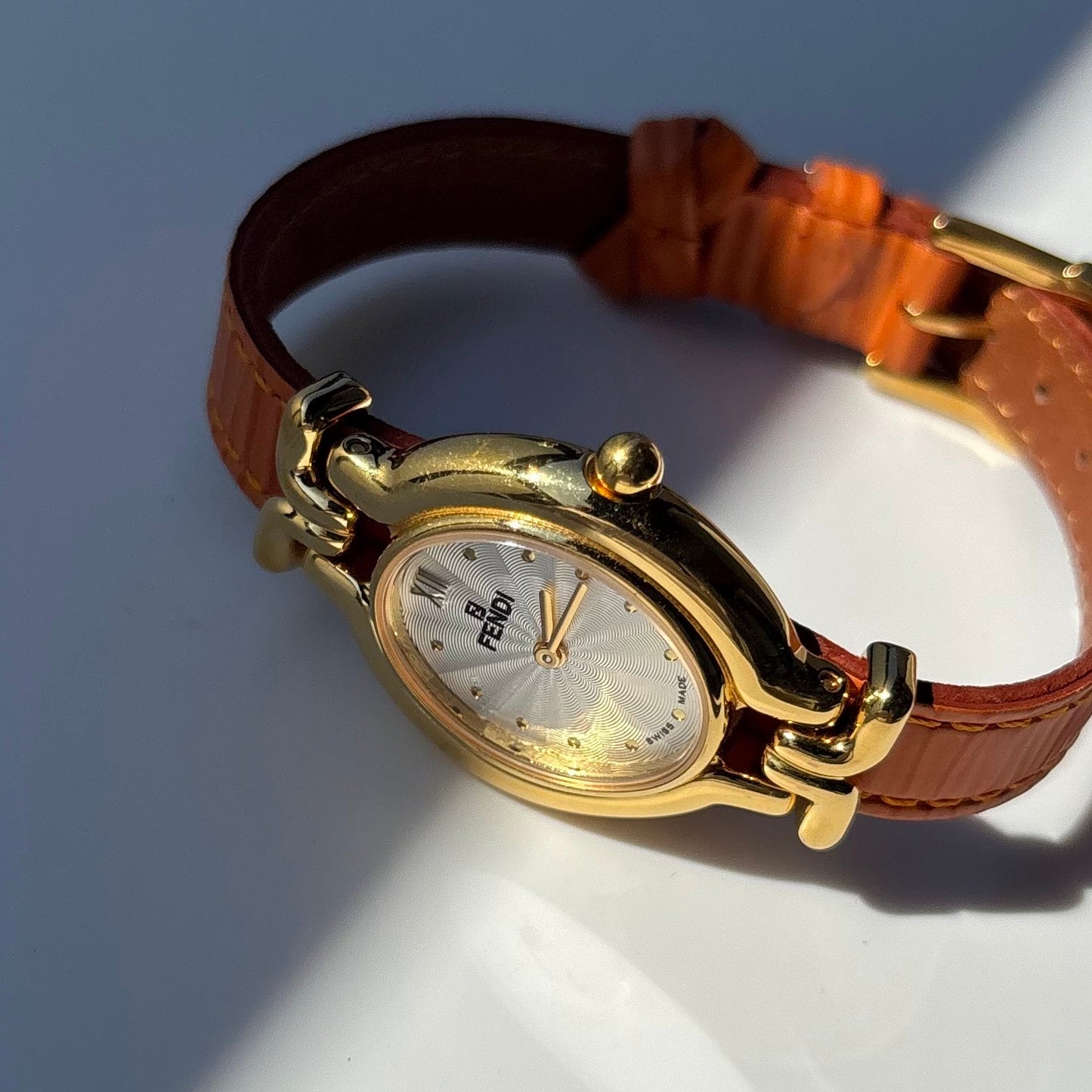 Fendi 1990s Interchangeable Belt Gold Plated  Watch with 5 belts, case