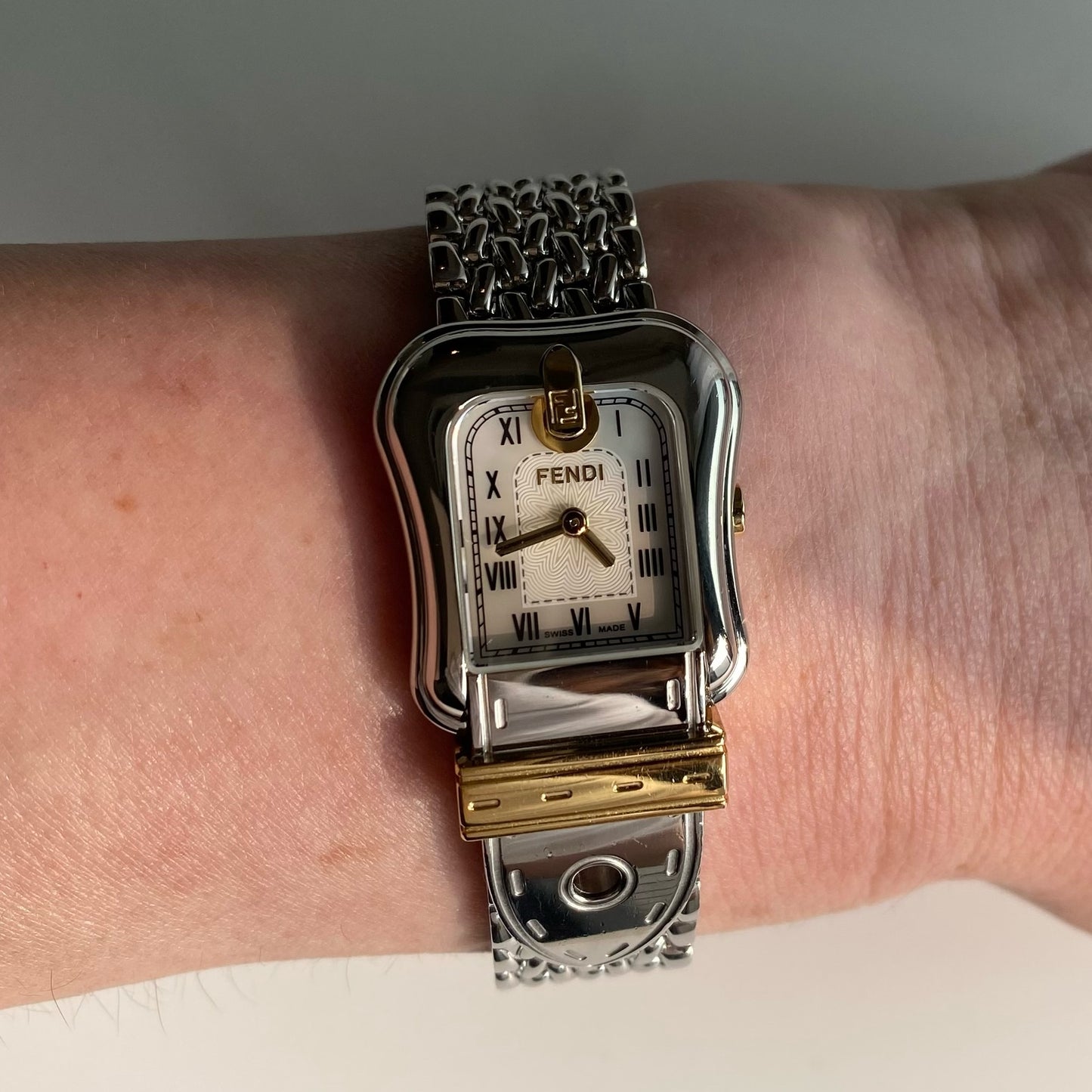 Fendi 1990s Seashell Dial Two Tone Belt Watch