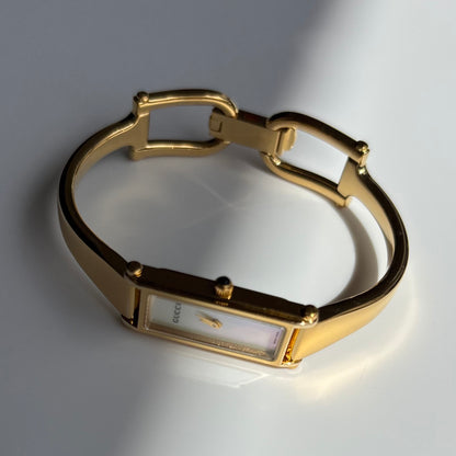 Gucci 1990s Seashell Dial Rectangular Gold-Plated Bangle Watch