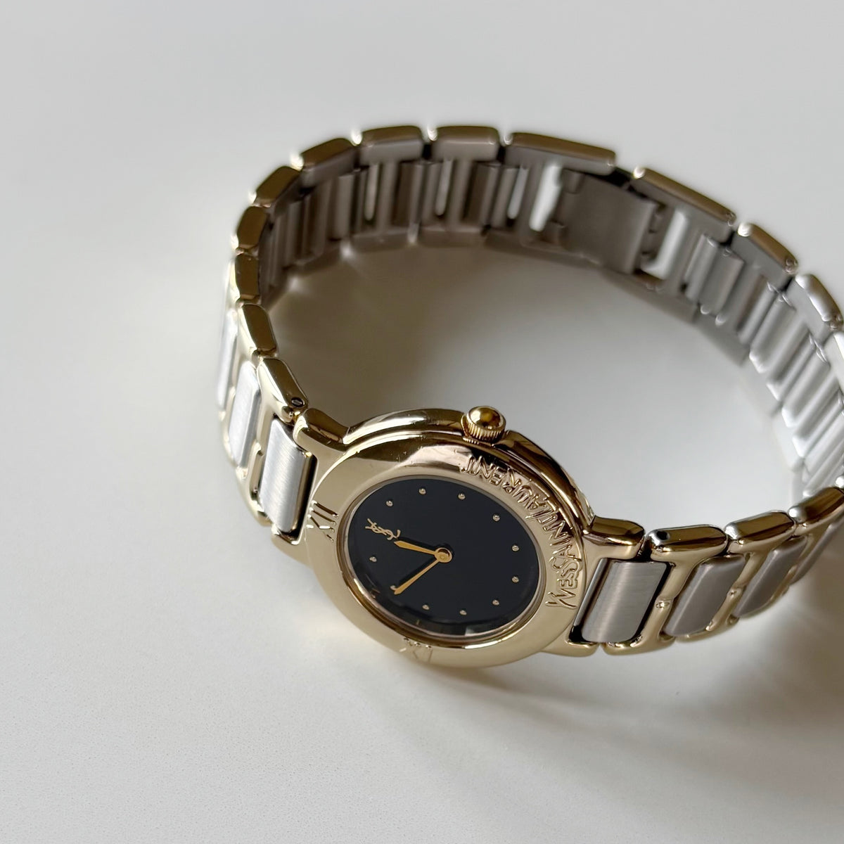 Yves Saint Laurent 1990s Black Round Dial Two Tone Gold Plated Watch