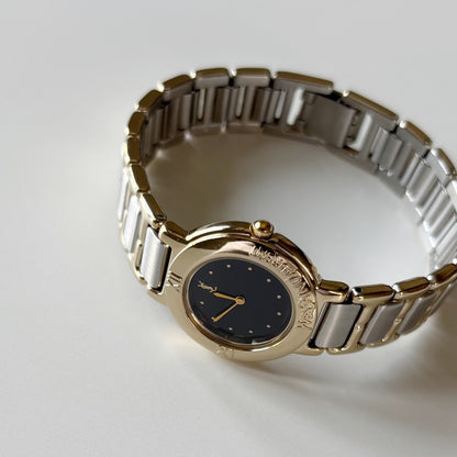 Yves Saint Laurent 1990s Black Round Dial Two Tone Gold Plated Watch