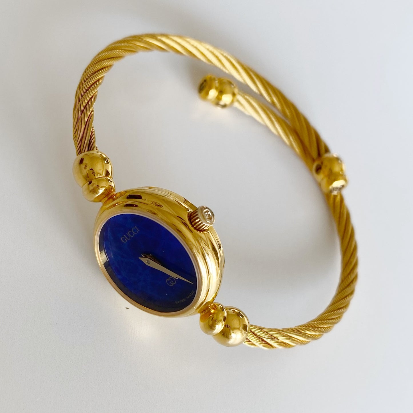 Gucci 1990s Blue Dial Gold Plated Cable Bangle Watch