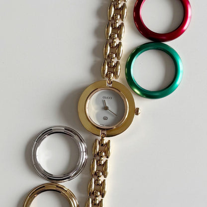 Gucci 1990s Interchangeable Bezel Gold Plated Watch with 6 bezels, case (167mm)