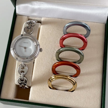 Gucci 1990s Interchangeable Bezel Silver Stainless Steel Watch with 6 bezels, case (165mm)