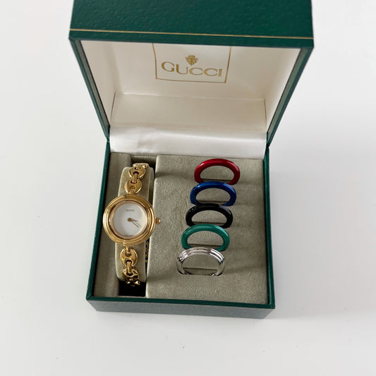 Gucci 1990s Interchangeable Bezel Gold Plated Watch with 6 bezels, case (165mm)