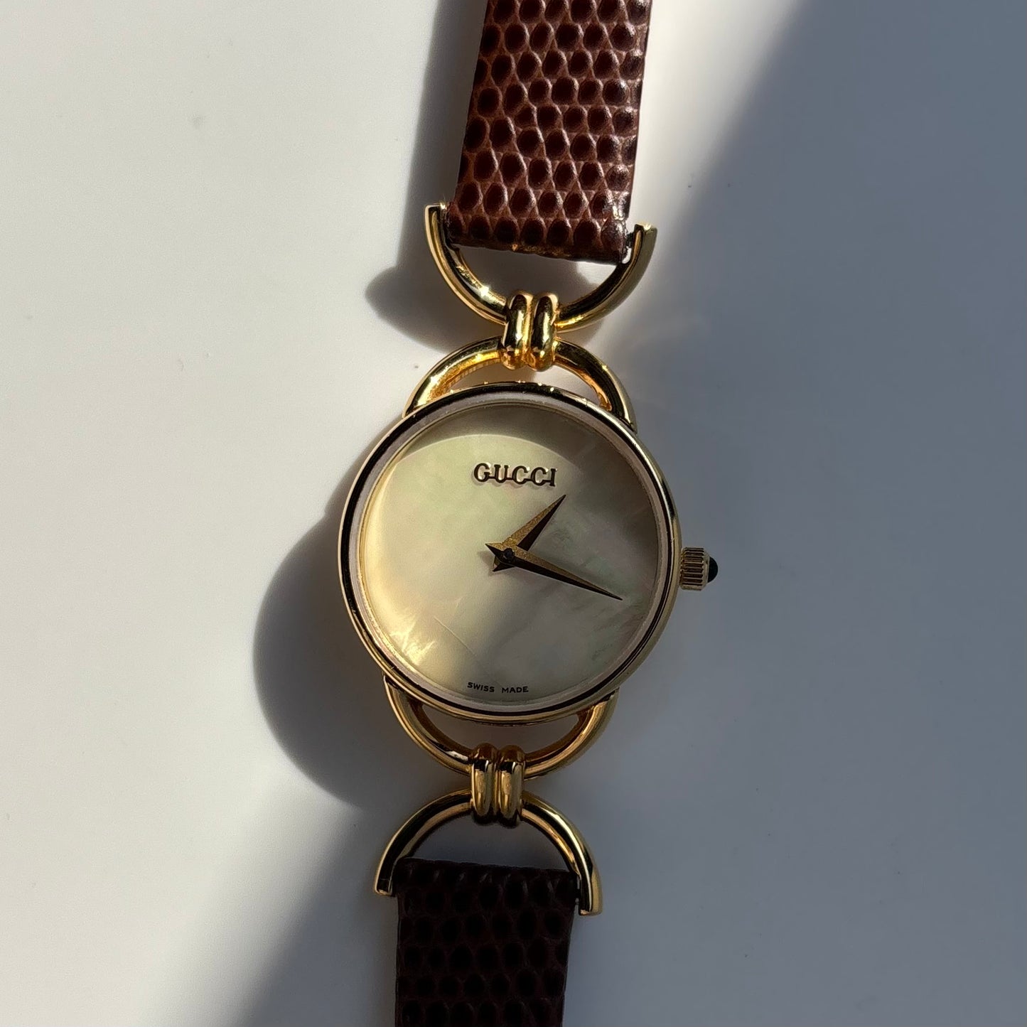 Gucci 1990s Seashell Dial Gold Plated Horsebit Watch