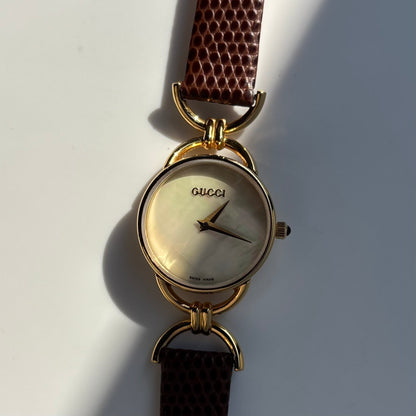 Gucci 1990s Seashell Dial Gold Plated Horsebit Watch