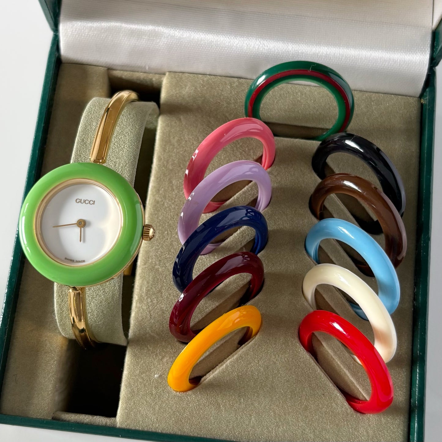Gucci 1990sInterchangeable Bezel Gold Plated Bangle Watch with 12 bezels, case