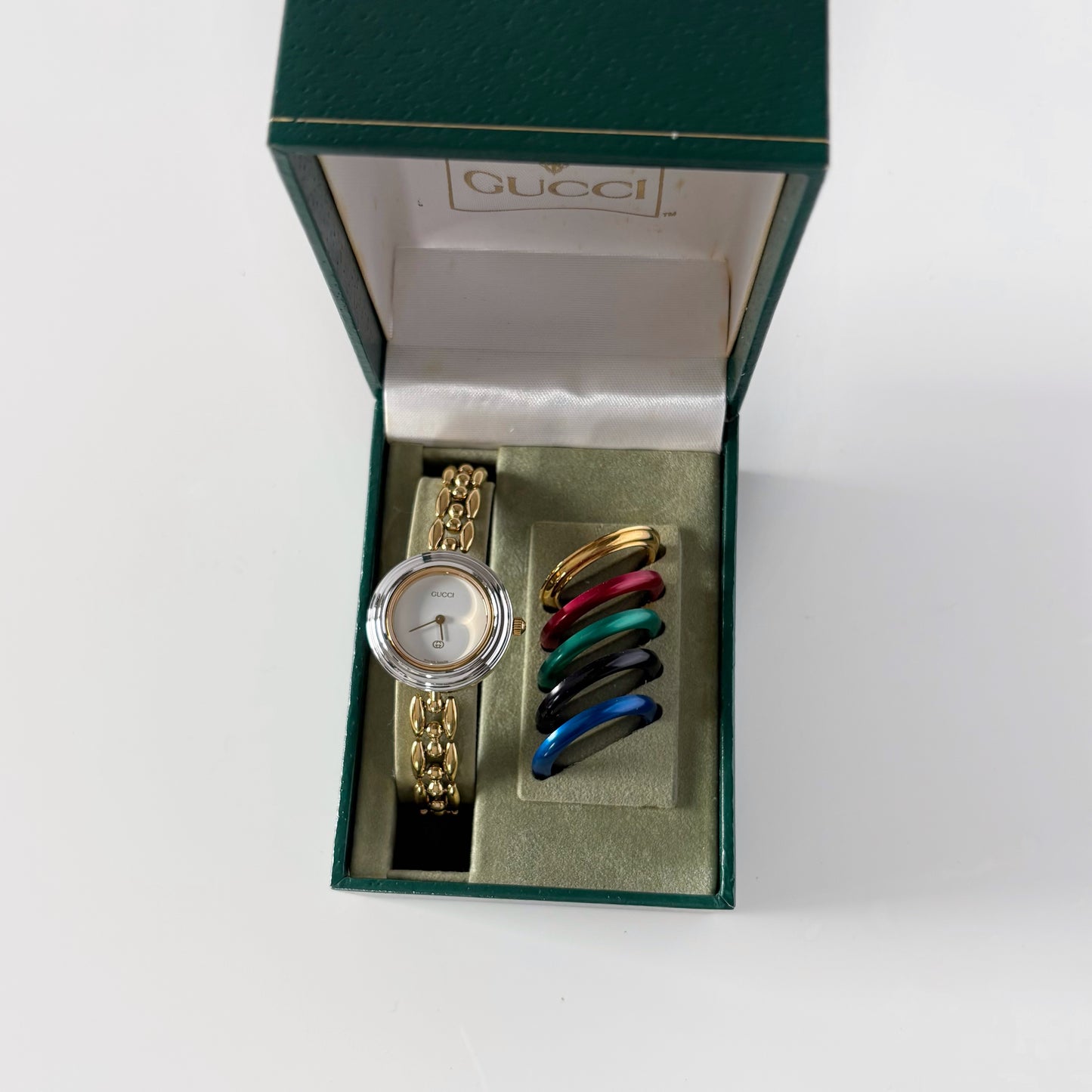 Gucci 1990s Interchangeable Bezel Gold Plated Rice Chain Watch with 6 bezels, case (160mm)