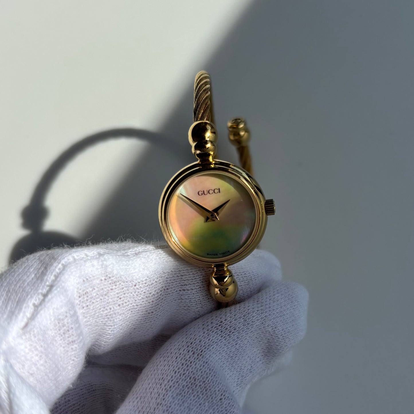 Gucci 1990s Seashell Dial Gold Plated Cable Bangle Watch