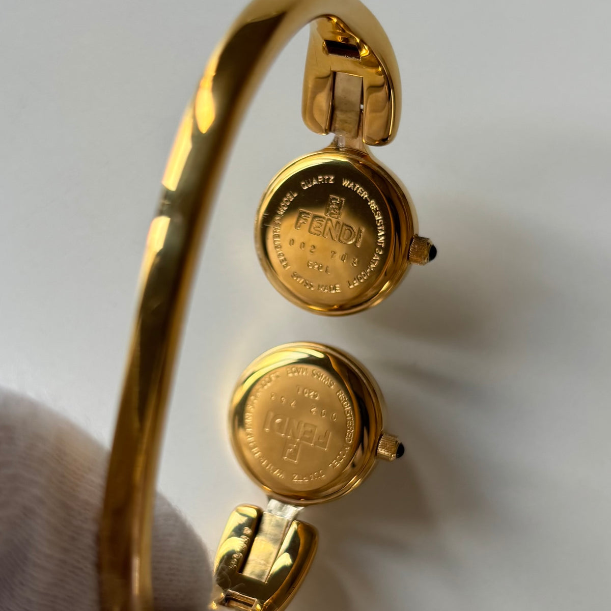 Fendi 1990s Seashell Dial Two Time Zone Gold Plated Bangle Watch