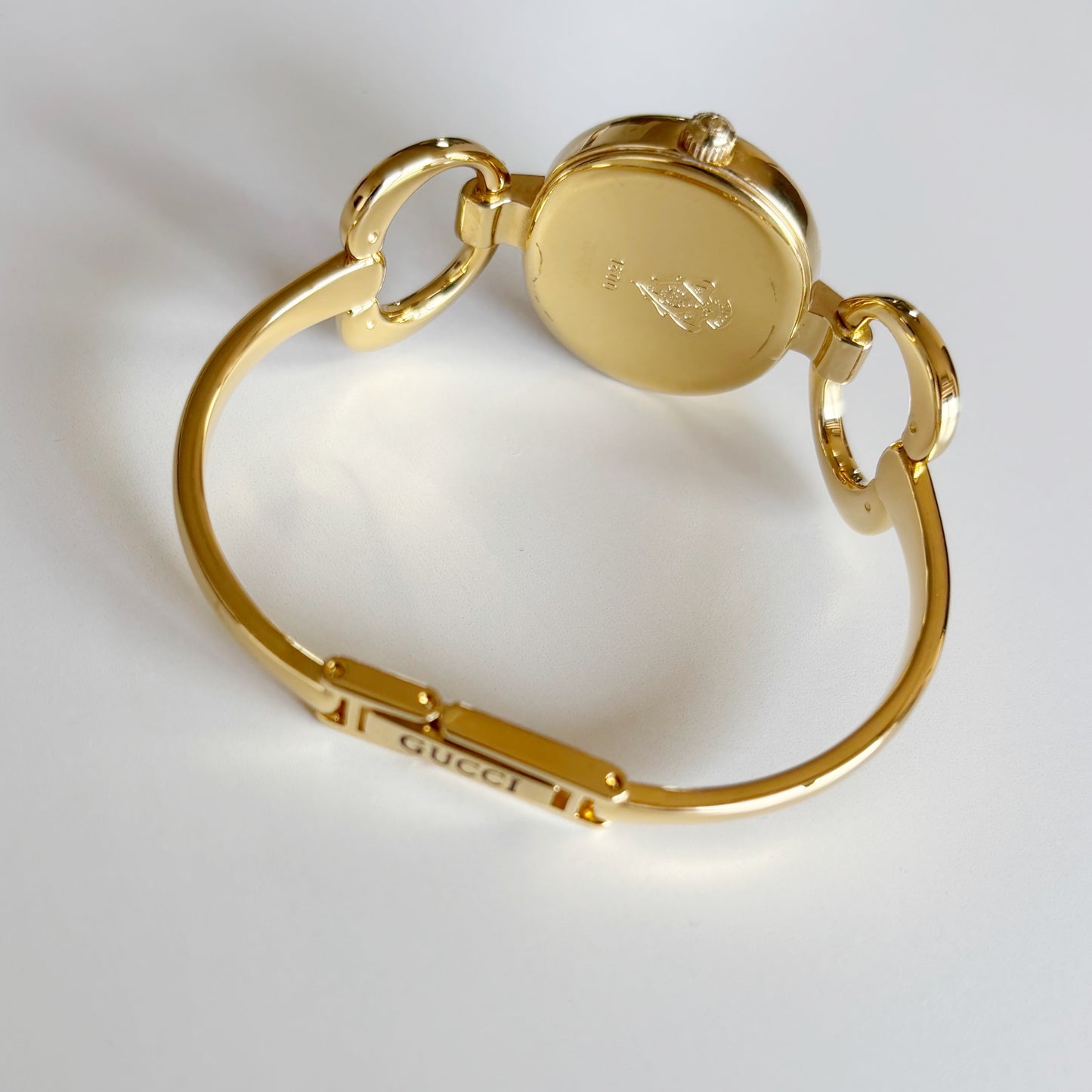 Gucci 1990s Oval Black Dial Gold Plated Bangle Watch (Small)