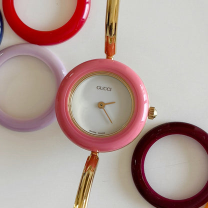 Gucci 1990s Interchangeable Bezel Gold Plated Bangle Watch with 12 bezels, case