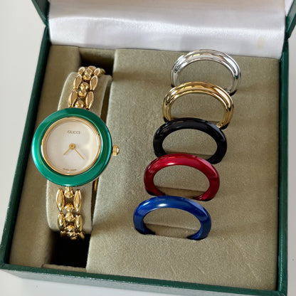 Gucci 1990s Interchangeable Bezel Gold Plated Rice Chain Watch with case, 6 bezels (160mm)