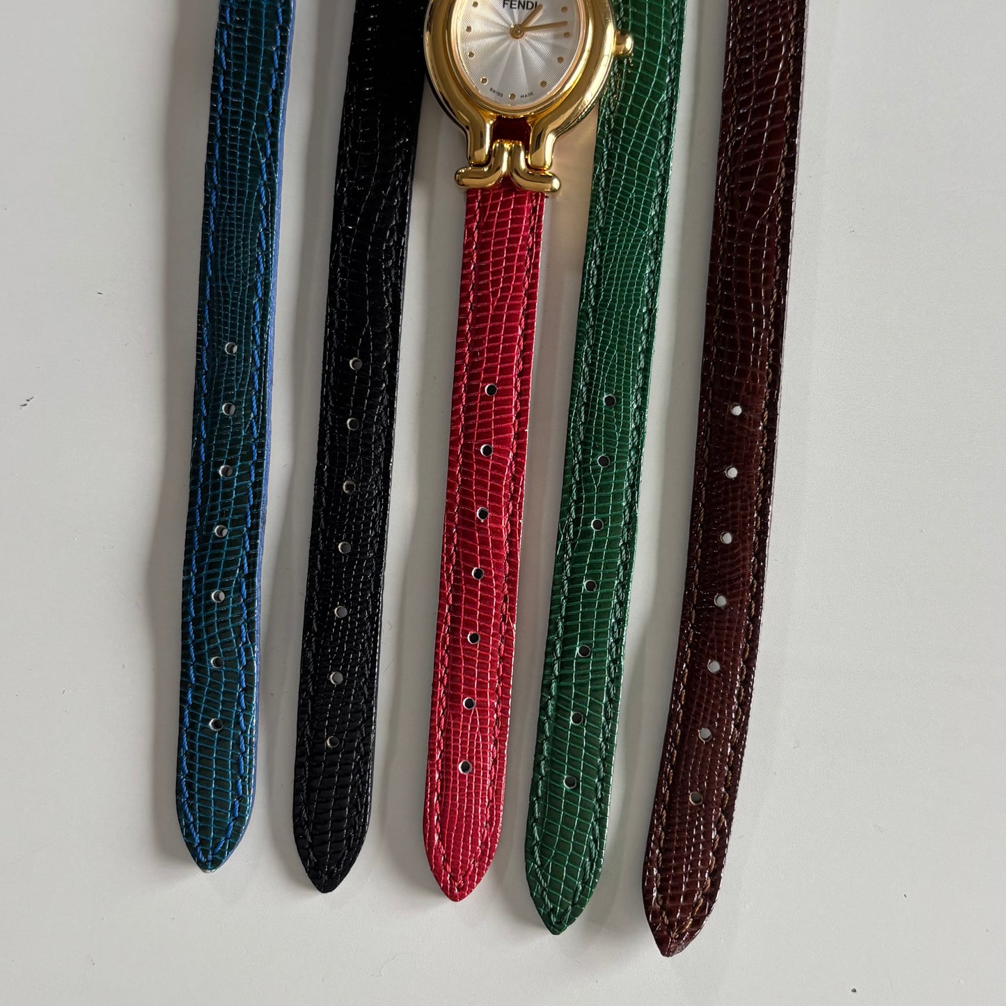 Fendi 1990s Interchangeable Strap Gold Plated Watch with 5 straps, case