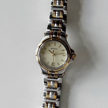 Gucci 1990s Date Round Dial Two Tone Gold Plated Watch