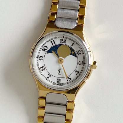 Yves Saint Laurent 1990s Moon Phase Two Tone Watch