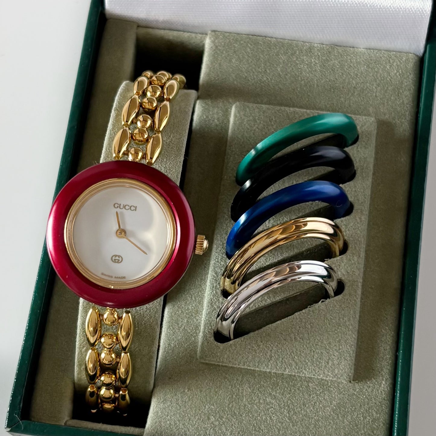 Gucci 1990s Interchangeable Bezel Gold Plated Rice Chain Watch with 6 bezels, case (165mm)