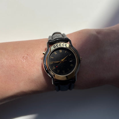Gucci 1990s Date Black Round Dial Two Tone Watch