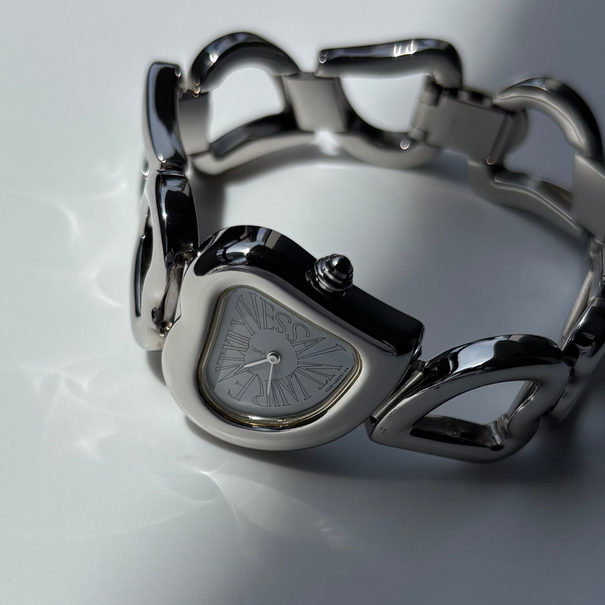 Yves Saint Laurent 1990s Heart Shaped Dial Band Silver Watch