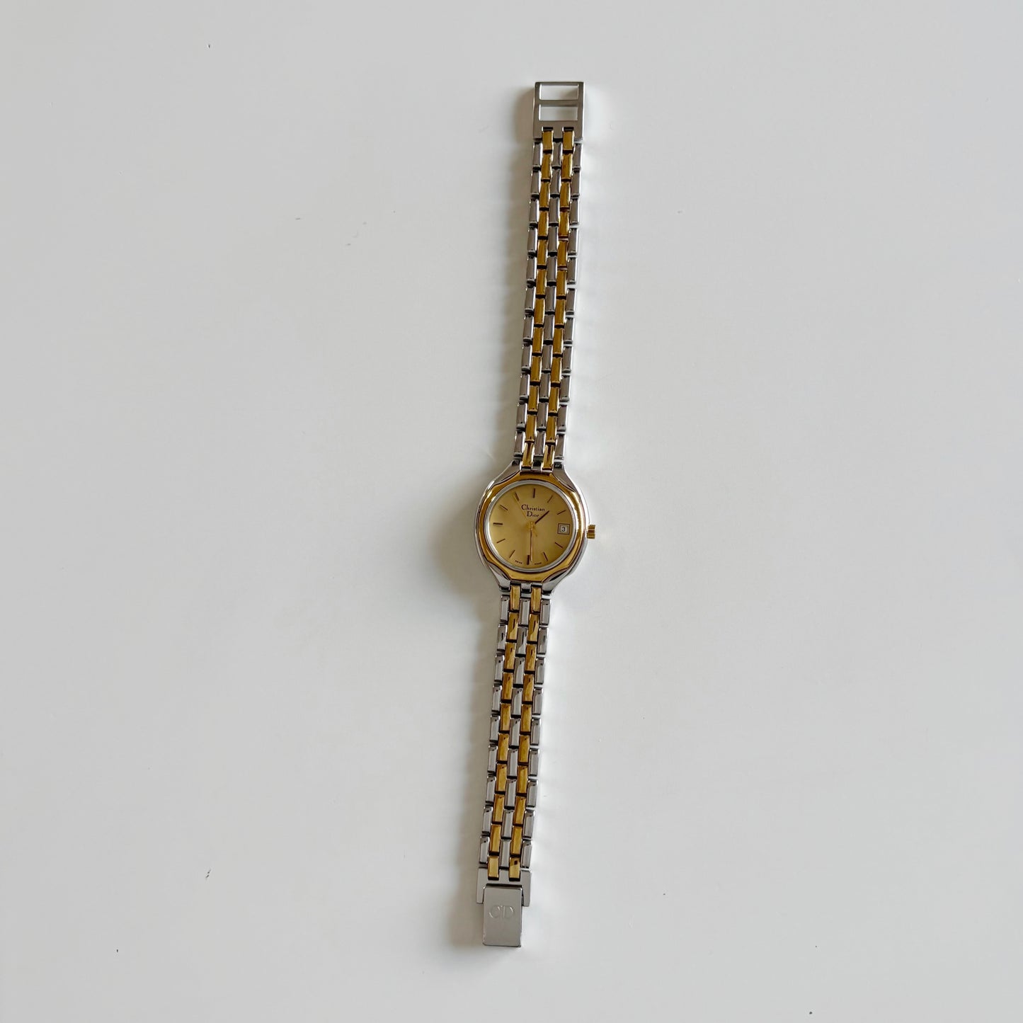 Dior 1990s Date Round Dial Two Tone Gold Plated Watch