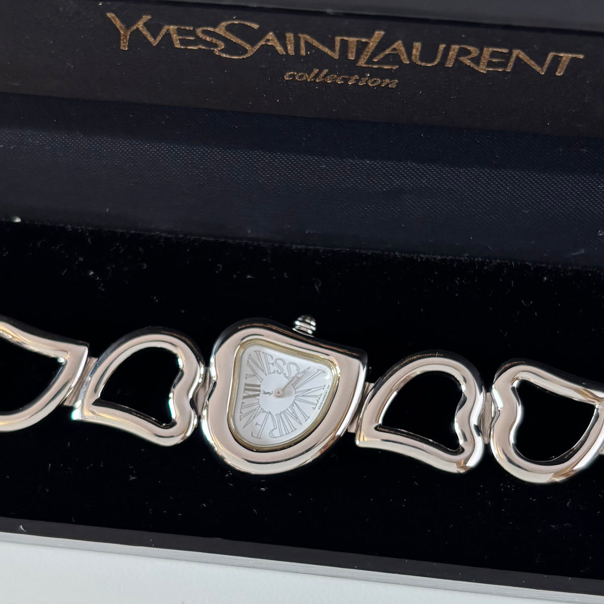 Yves Saint Laurent 1990s Heart Shaped Dial Band Silver Watch