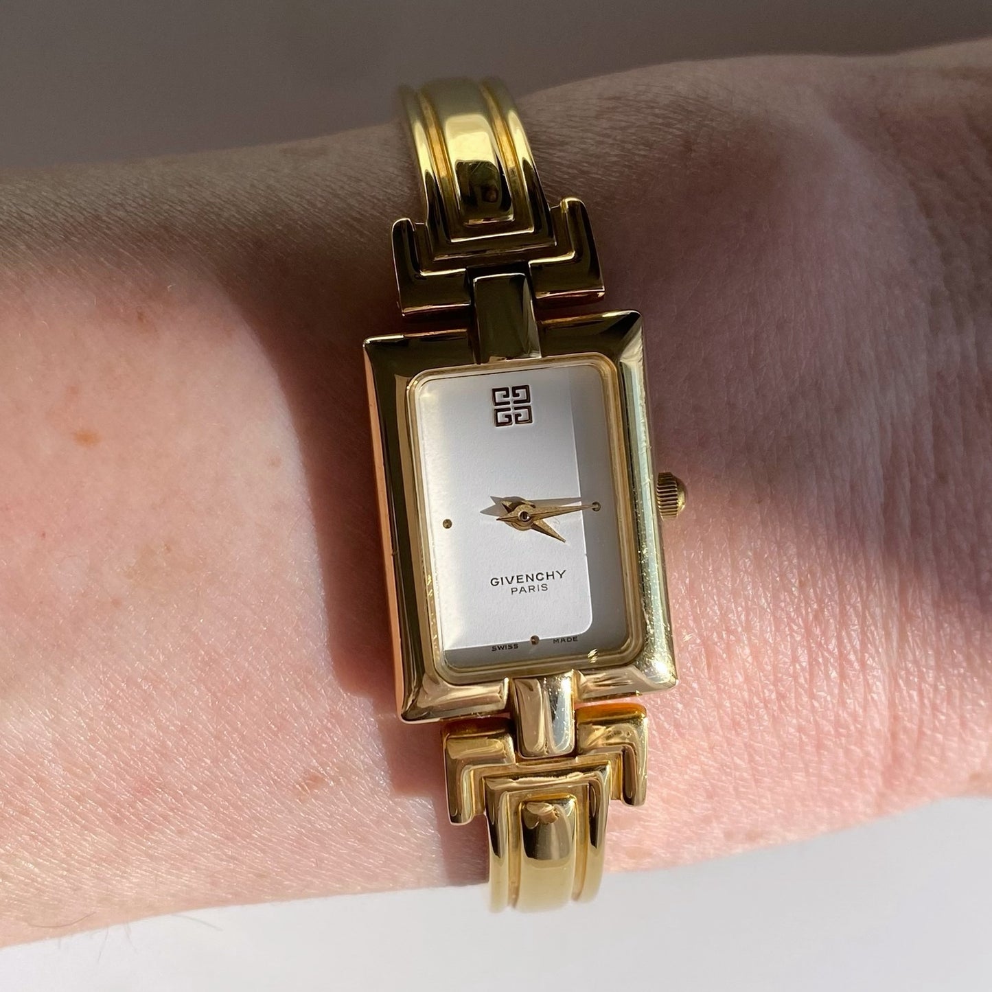 Givenchy 1990s Rectangular Gold Plated Bangle Watch