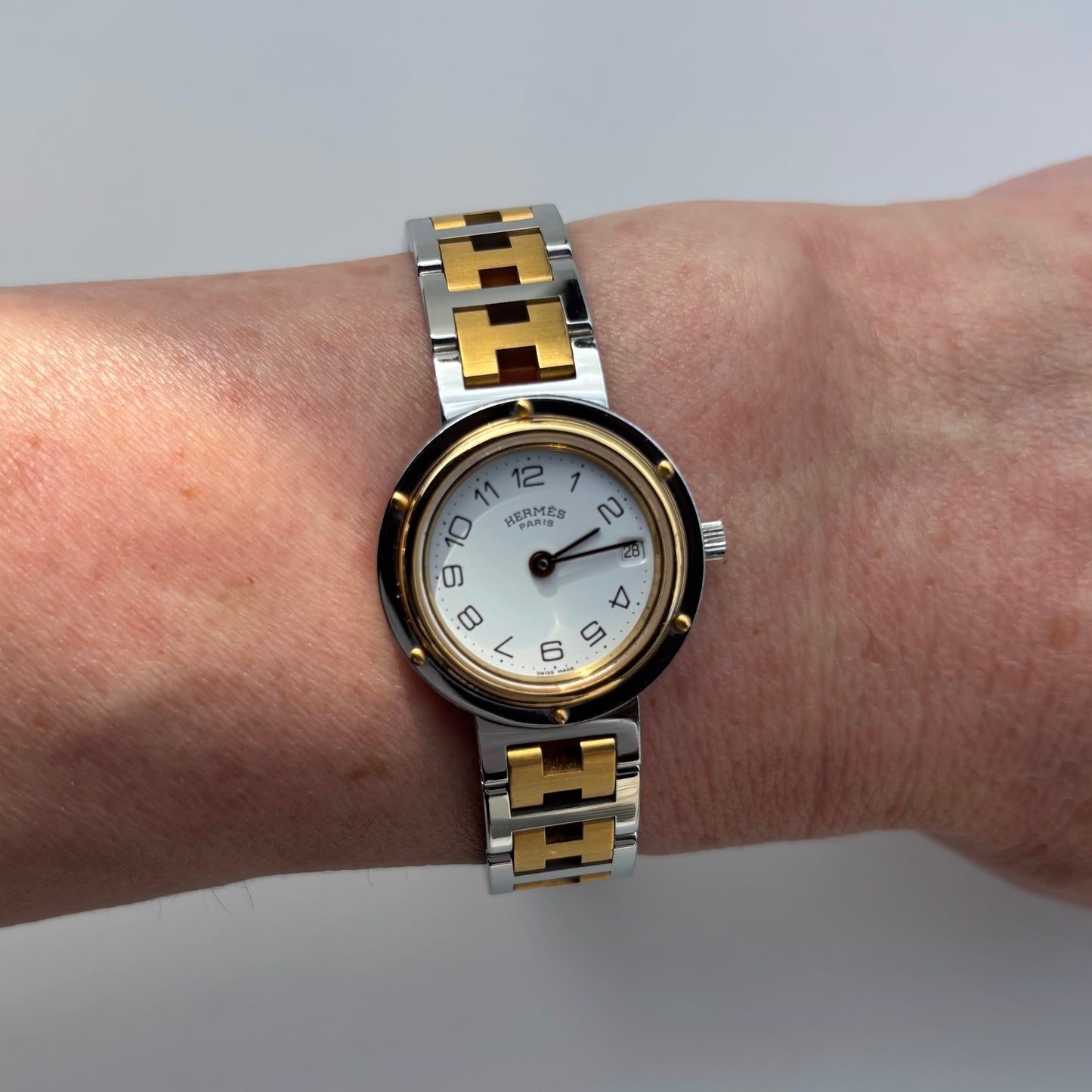 Hermes 1990s Clipper Round Dial Two Tone Watch