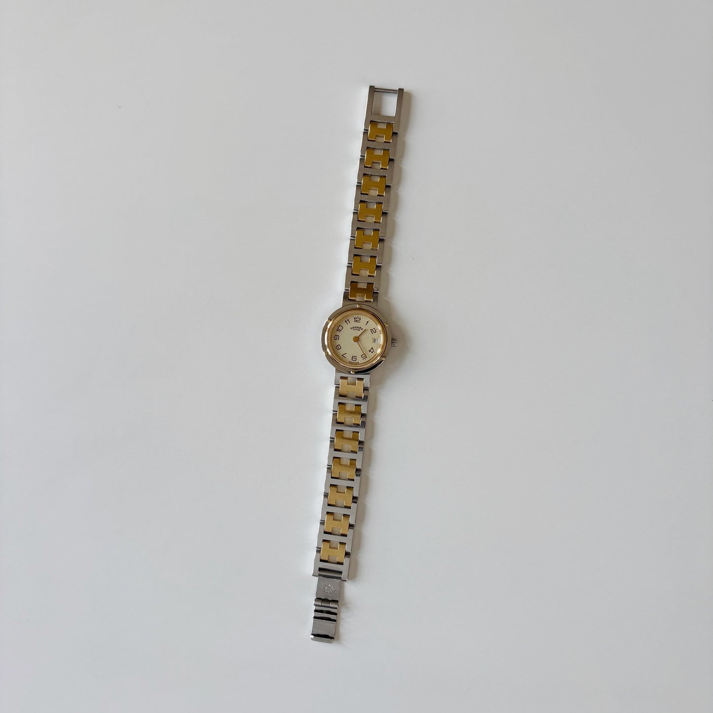 Hermes 1990s Cream Round Dial Gold Plated Two Tone Watch