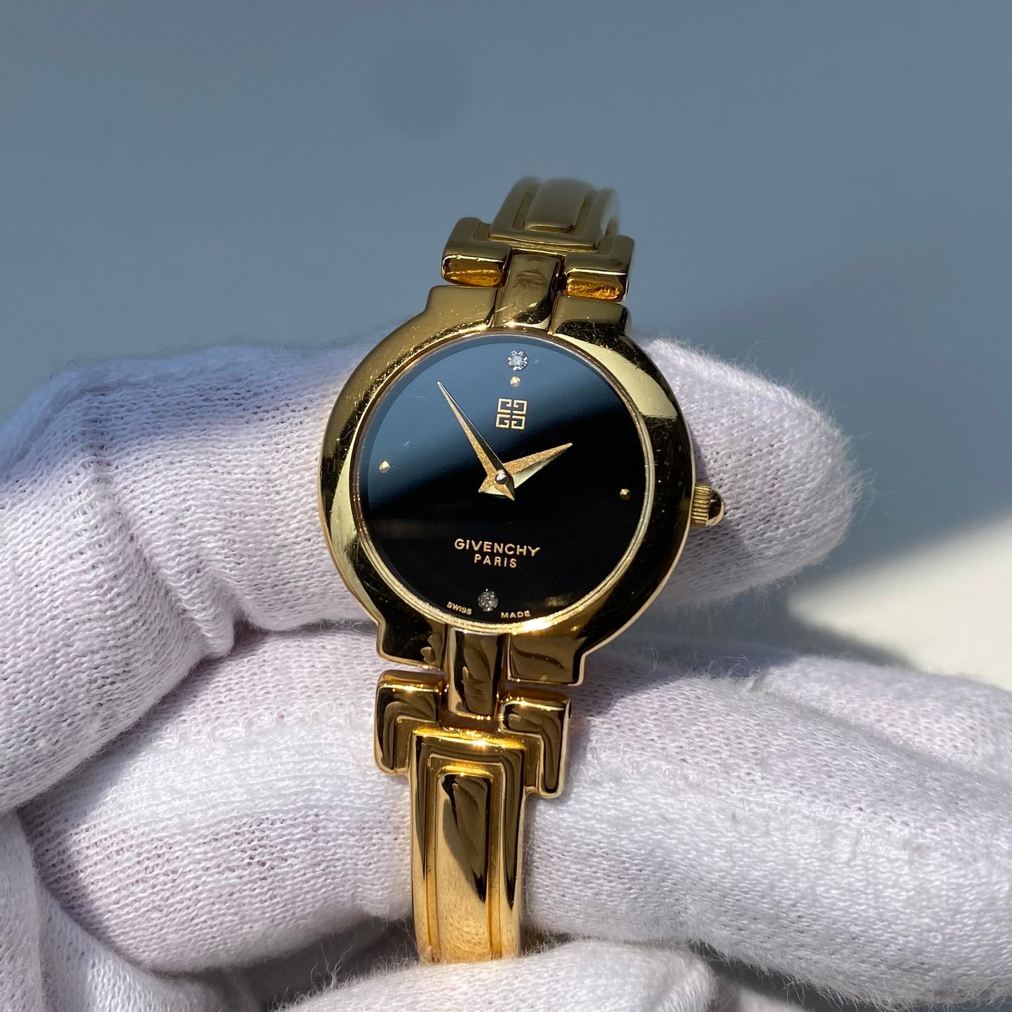 Givenchy 1990s Black Dial Gold Plated Bangle Watch