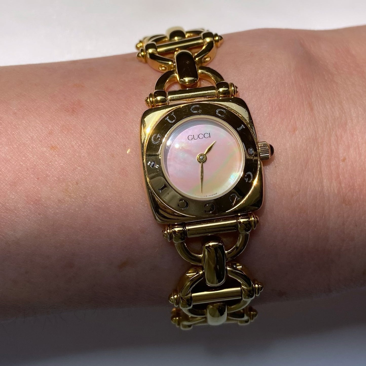 Gucci 1990s Seashell Dial Gold Plated Horsebit Watch