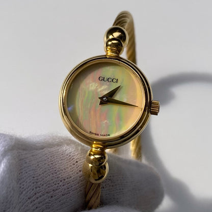 Gucci 1990s Seashell Dial Gold Plated Cable Bangle Watch