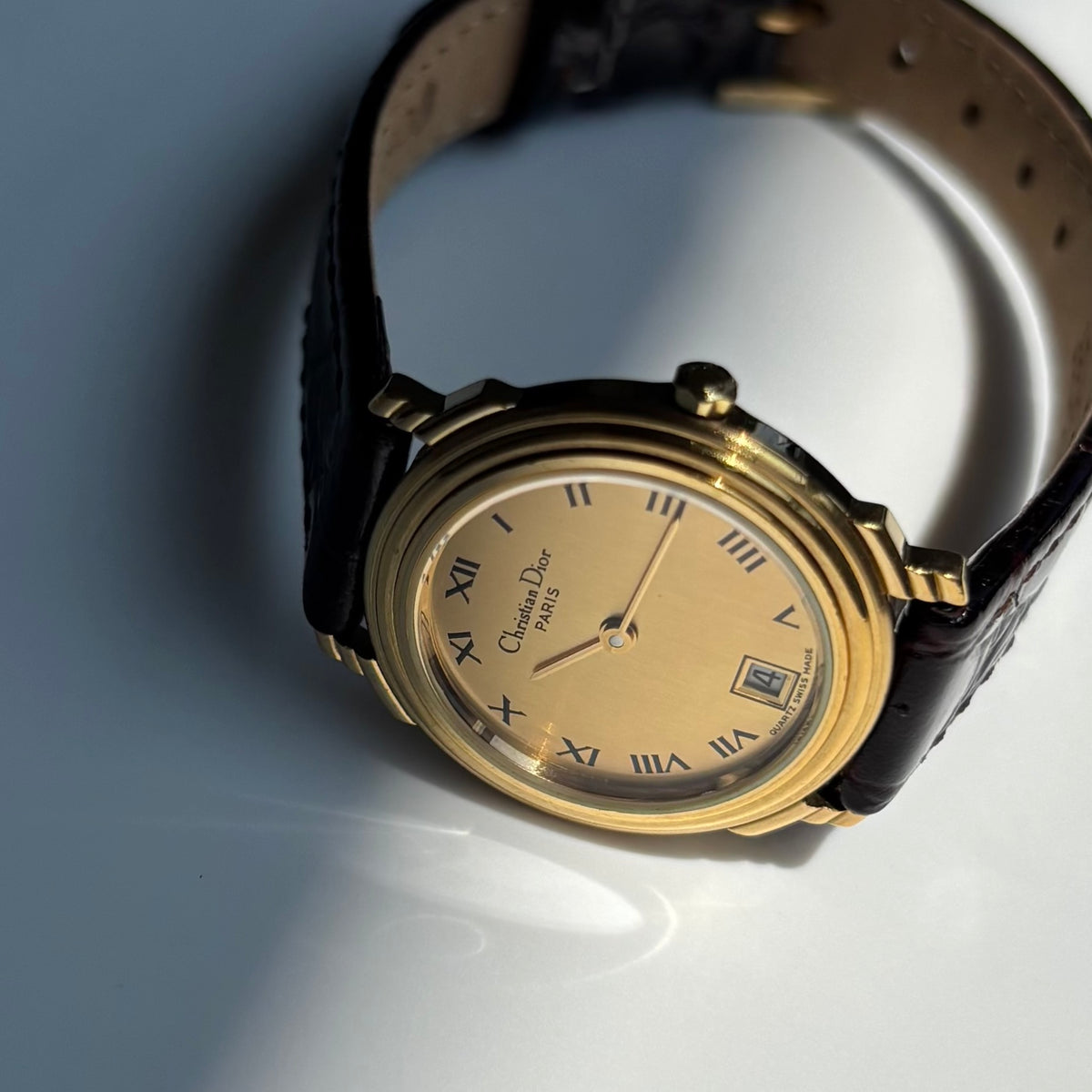 Dior 1990s Date Gold Round Dial Gold Plated Watch