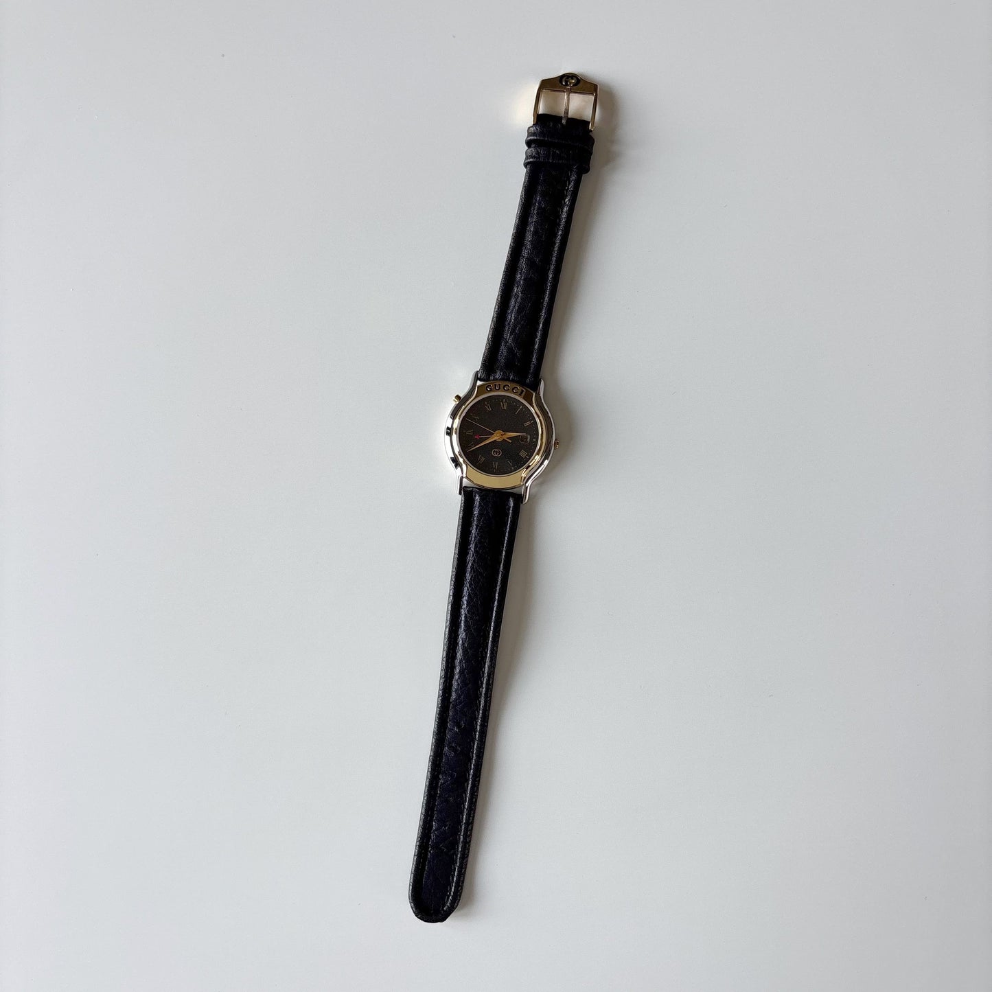 Gucci 1990s Date Black Round Dial Two Tone Watch