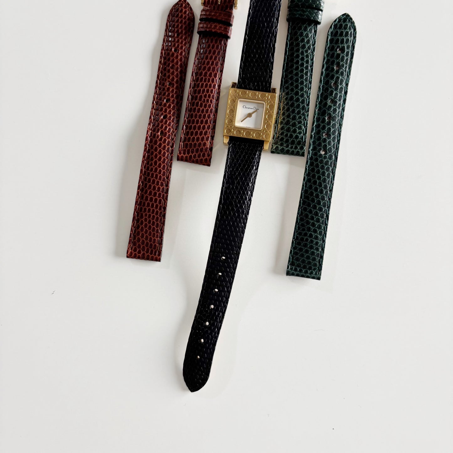 Dior 1990s La Parisienne Interchangeable Strap Gold Plated Watch with 3 straps, case