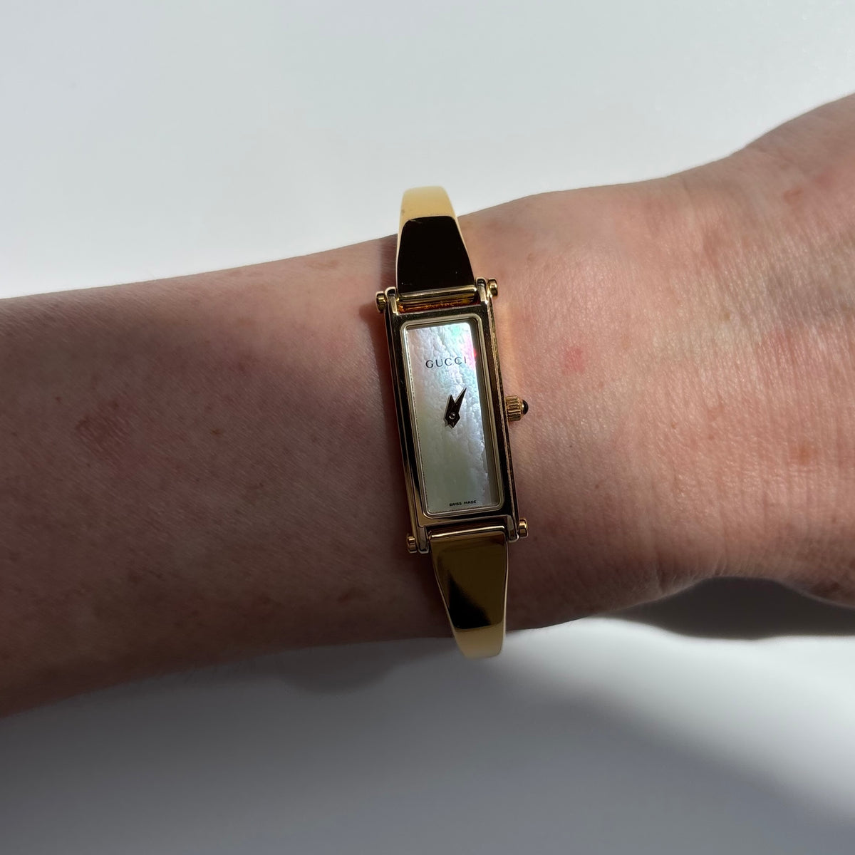 Gucci 1990s Seashell Dial Rectangular Gold-Plated Bangle Watch