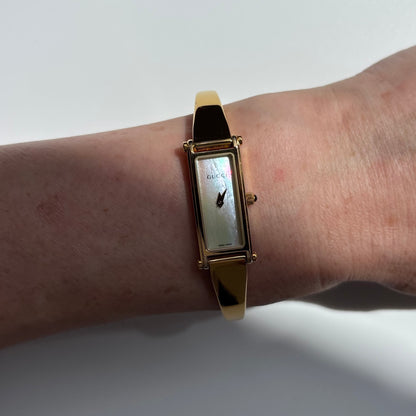 Gucci 1990s Seashell Dial Rectangular Gold-Plated Bangle Watch