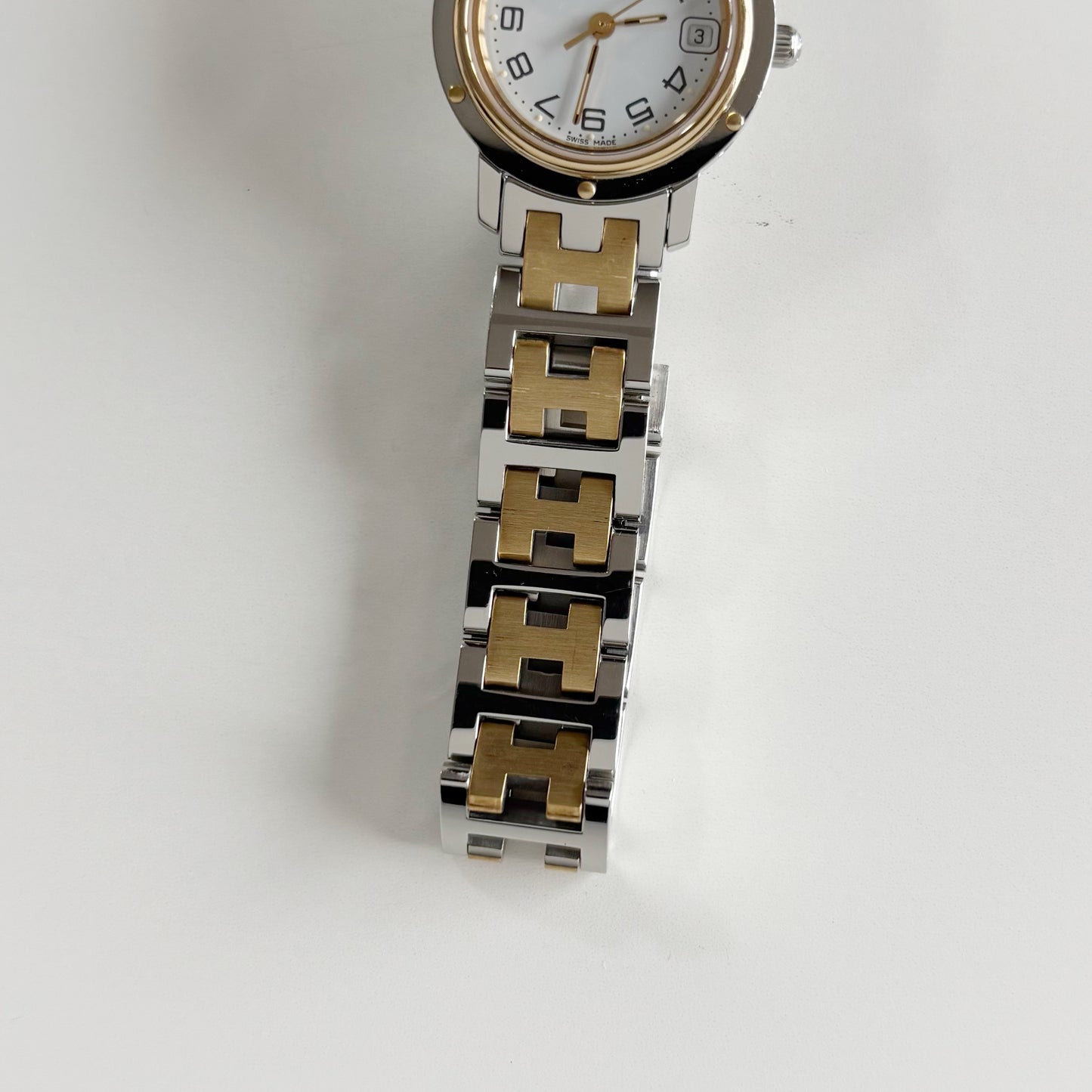 Hermes 1990s Date White Dial Clipper Two Tone Watch