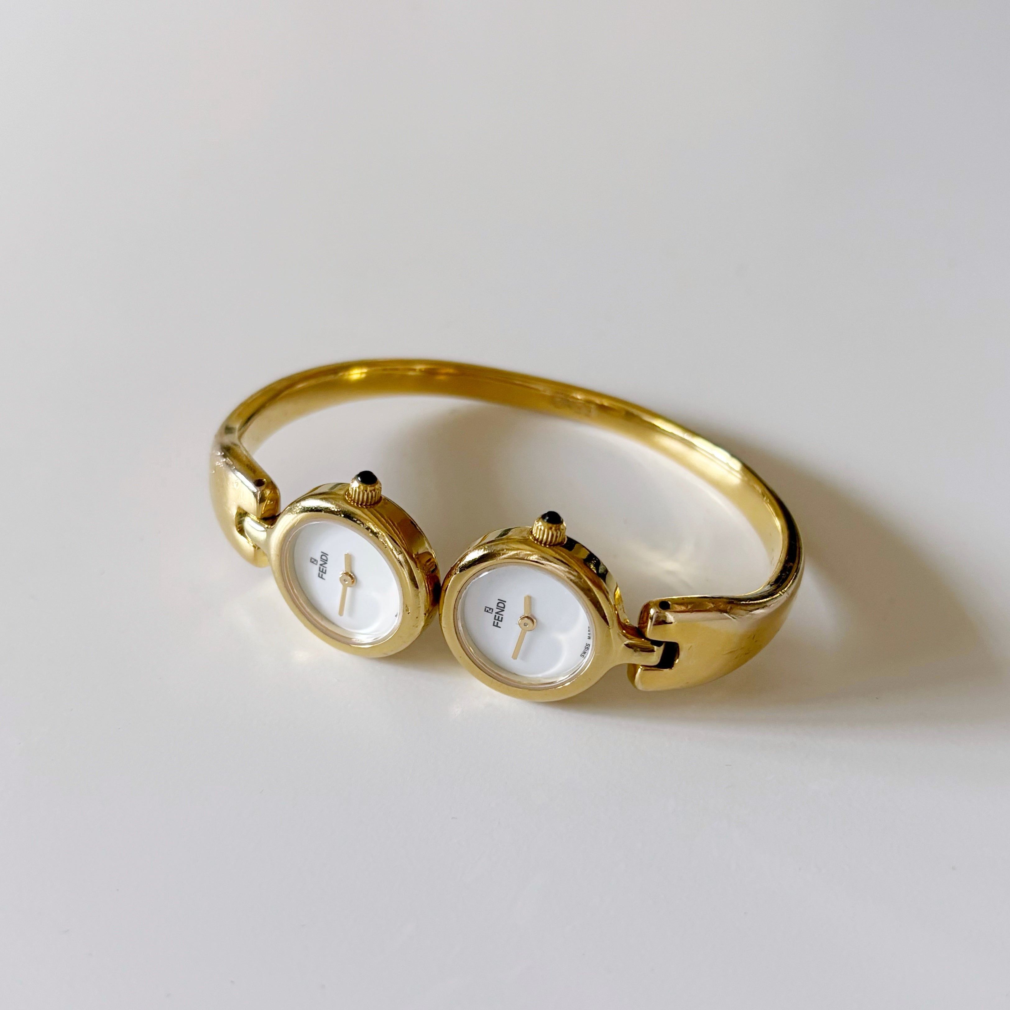 Fendi 1990s Seashell Dial Two Time Zone Gold Plated Bangle