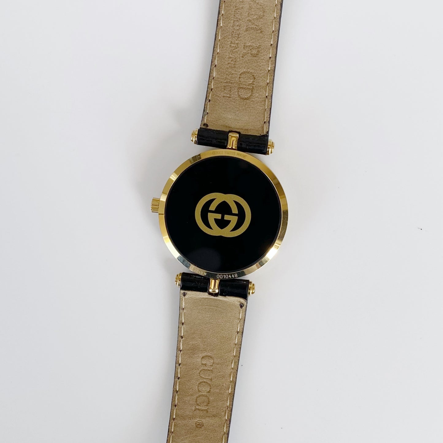 Gucci 1990s Black Dial Gold Plated Black Leather Watch