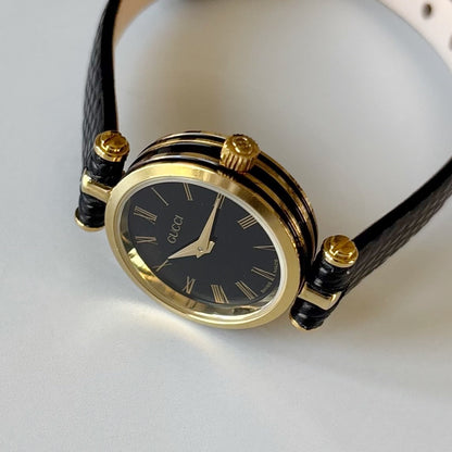 Gucci 1990s Black Round Dial Gold Plated Watch