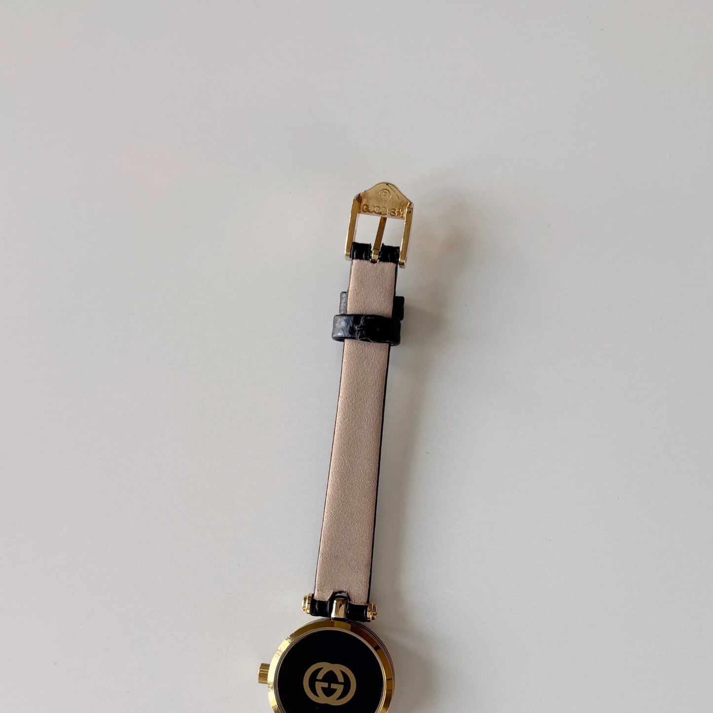 Gucci 1980s Black Round Dial Gold Plated Watch