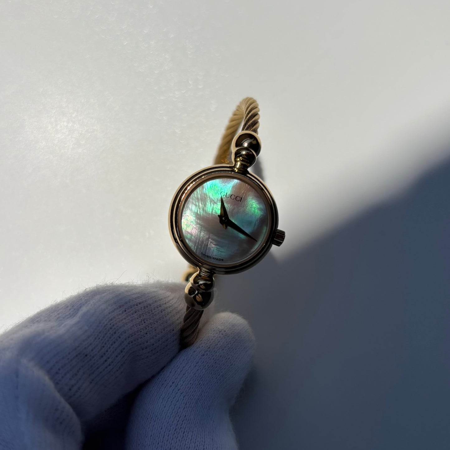 Gucci 1990s Seashell Dial Gold Plated Cable Bangle Watch