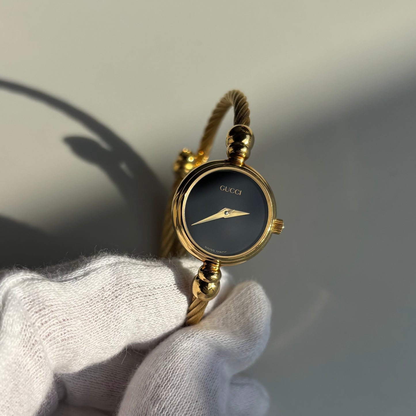 Gucci 1990s Black Dial Gold Plated Cable Bangle Watch