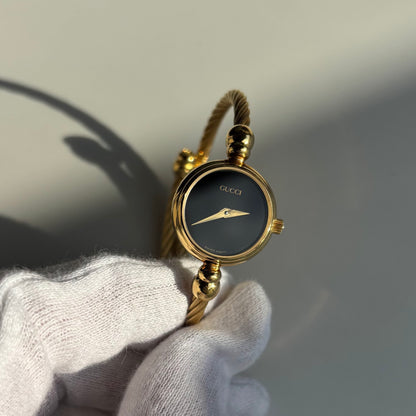 Gucci 1990s Black Dial Gold Plated Cable Bangle Watch